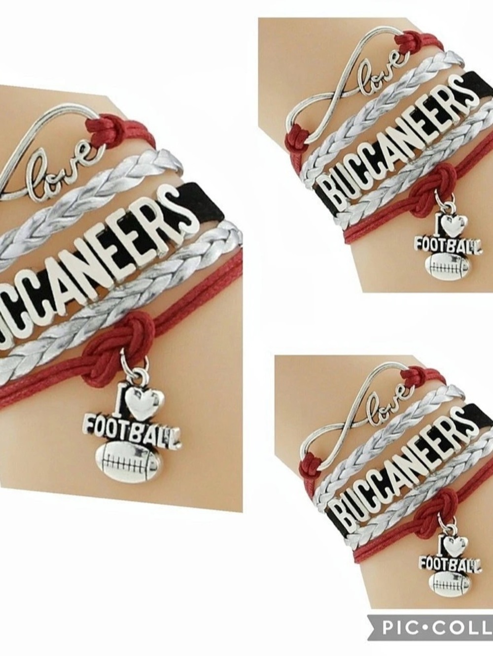 3- New Football Buccaneers infinity  Charm Bracelet Red & White